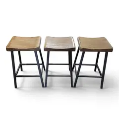 Set of 3 Wooden Counter Stools Black Metal Legs Saddle Seat - Local Pickup Only