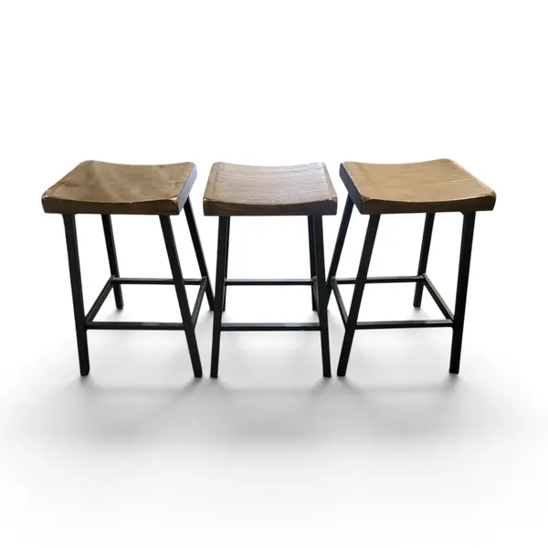 Set of 3 Wooden Counter Stools Black Metal Legs Saddle Seat - Local Pickup Only