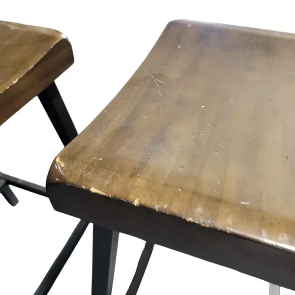 Set of 3 Wooden Counter Stools Black Metal Legs Saddle Seat - Local Pickup Only
