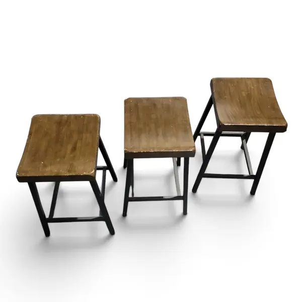 Set of 3 Wooden Counter Stools Black Metal Legs Saddle Seat - Local Pickup Only