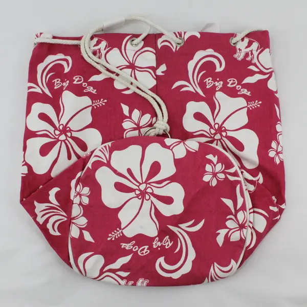 Big Dogs Pink and White Canvas Drawstring Beach Bag 15"