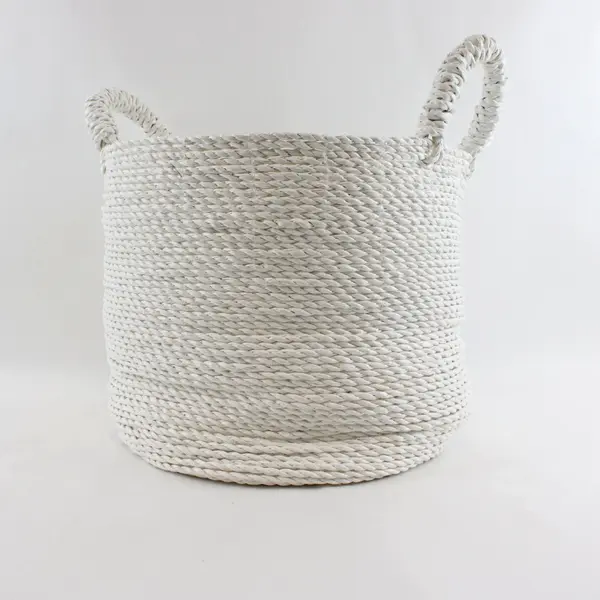 White Woven Round Paper Rope Storage Basket W/Handles
