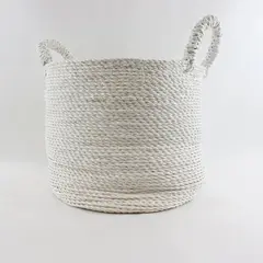White Woven Round Paper Rope Storage Basket W/Handles