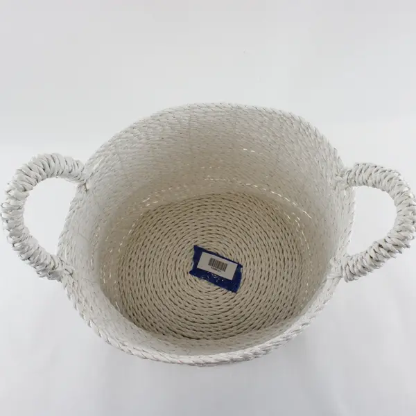 White Woven Round Paper Rope Storage Basket W/Handles