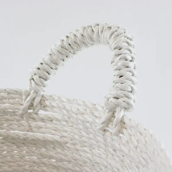 White Woven Round Paper Rope Storage Basket W/Handles