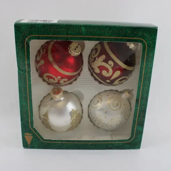 Vintage Krebs Kmart Boxed Set of 4 Glass Xmas Ornaments Red White Gold