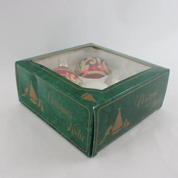 Vintage Krebs Kmart Boxed Set of 4 Glass Xmas Ornaments Red White Gold