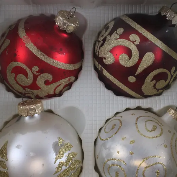 Vintage Krebs Kmart Boxed Set of 4 Glass Xmas Ornaments Red White Gold
