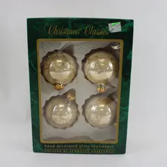 Vintage Commodore Hand Decorated Pearl Ivory Glass Ornaments Boxed Set of 4