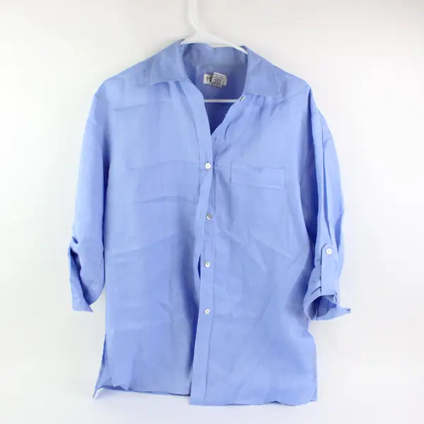 Allison Taylor Solid Blue Long Sleeve Button Up Shirt 100% Linen Womens Size S