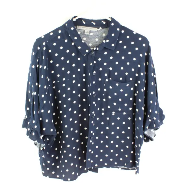 Andrew Marc Navy/White Polka Dot Short Sleeve Button Up Shirt Womens Size M