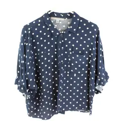 Andrew Marc Navy/White Polka Dot Short Sleeve Button Up Shirt Womens Size M