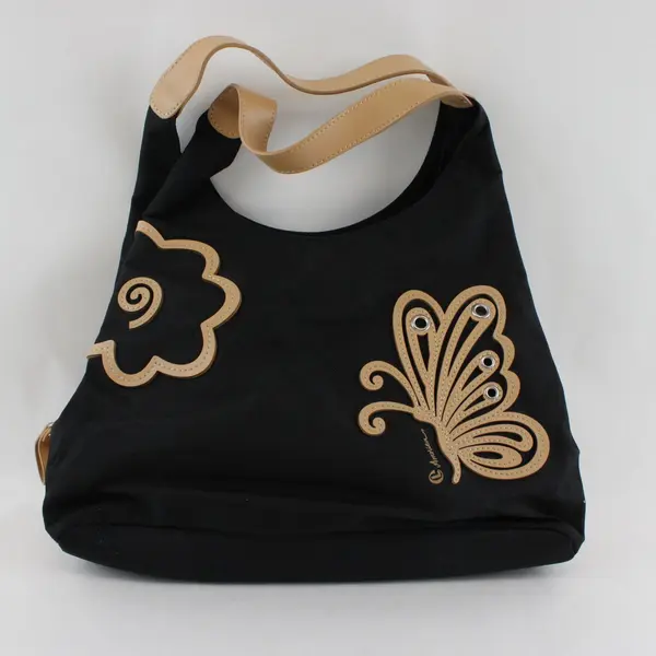 CL America Black Beige Butterfly Textile Shoulder Bag Faux Leather Accents
