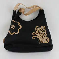 CL America Black Beige Butterfly Textile Shoulder Bag Faux Leather Accents