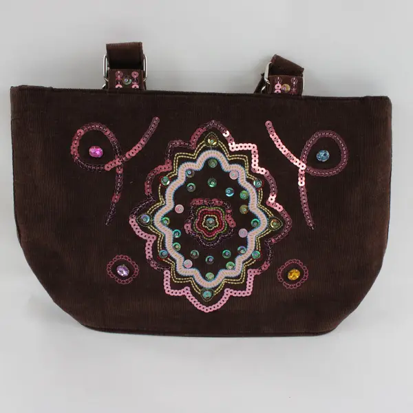 Y2K-Style Small Bedazzled Sequined Brown Corduroy Handbag Purse