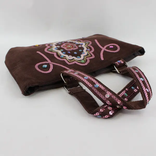 Y2K-Style Small Bedazzled Sequined Brown Corduroy Handbag Purse