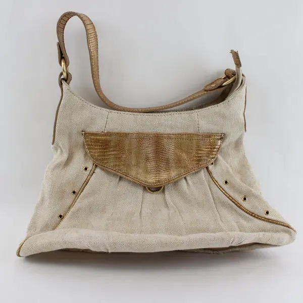 Off-White Fabric Shoulder Bag Gold Faux Alligator Trim