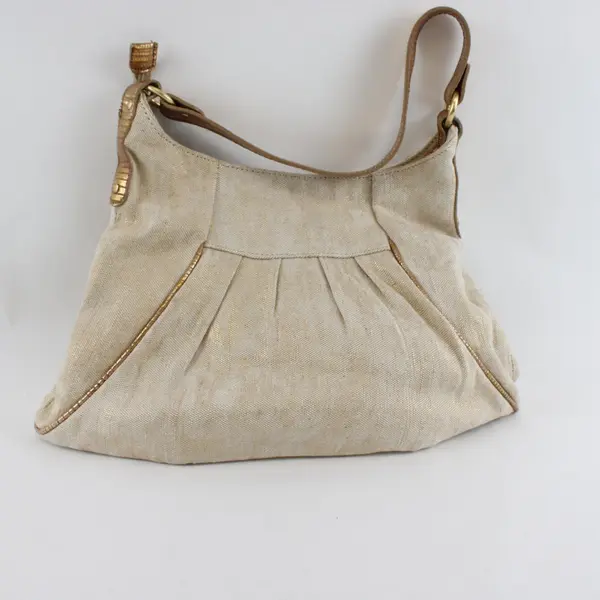 Off-White Fabric Shoulder Bag Gold Faux Alligator Trim