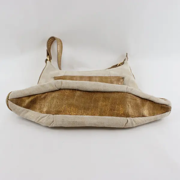 Off-White Fabric Shoulder Bag Gold Faux Alligator Trim