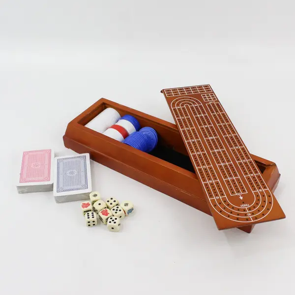 Wood Cribbage Board With Poker Chips Dice And Cards Incomplete