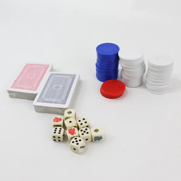 Wood Cribbage Board With Poker Chips Dice And Cards Incomplete