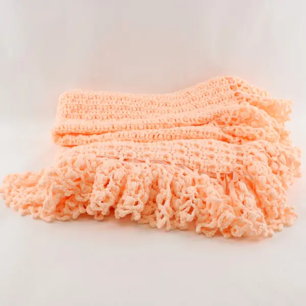 Handmade Peachy Pink Throw Blanket Waffle Stitch Ruffled Border Unbranded