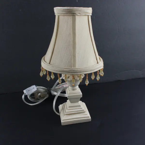 Vintage Cream Table Lamp Fabric Shade Beaded Fringe Distressed Base