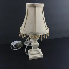 Vintage Cream Table Lamp Fabric Shade Beaded Fringe Distressed Base