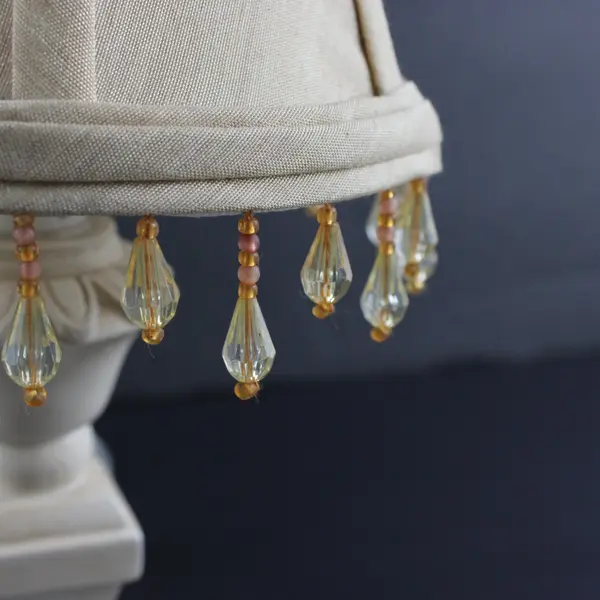 Vintage Cream Table Lamp Fabric Shade Beaded Fringe Distressed Base