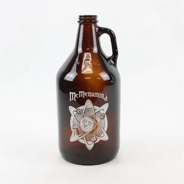 McMenamins 64oz Dark Brown Glass Growler Atom Logo Beer Bottle