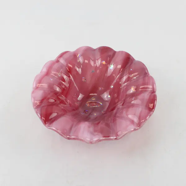 Pink Murano Style Art Glass Bowl Ruffled Edge 6in