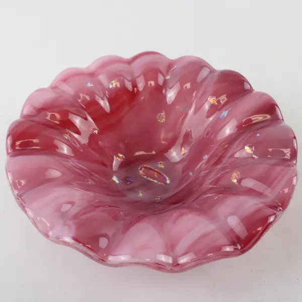 Pink Murano Style Art Glass Bowl Ruffled Edge 6in