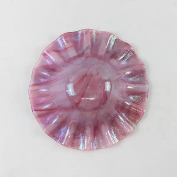Pink Murano Style Art Glass Bowl Ruffled Edge 6in