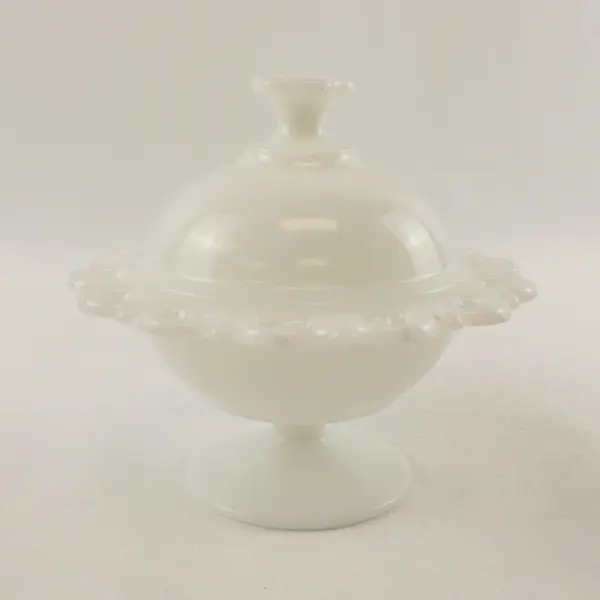 Vintage Anchor Hocking White Milk Glass Lace Edge Pedestal Compote w Lid