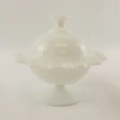 Vintage Anchor Hocking White Milk Glass Lace Edge Pedestal Compote w Lid
