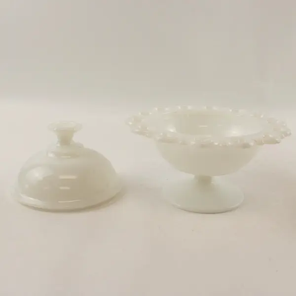 Vintage Anchor Hocking White Milk Glass Lace Edge Pedestal Compote w Lid