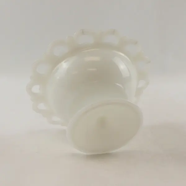 Vintage Anchor Hocking White Milk Glass Lace Edge Pedestal Compote w Lid