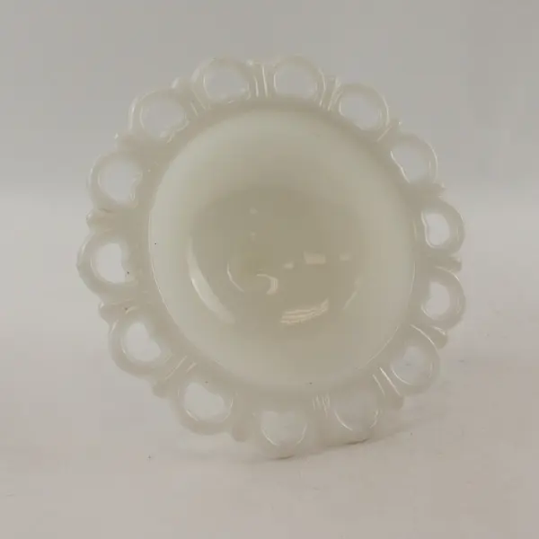 Vintage Anchor Hocking White Milk Glass Lace Edge Pedestal Compote w Lid