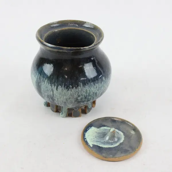 Blue Ceramic Stoneware Lidded Jar Canister Vented Base Unbranded