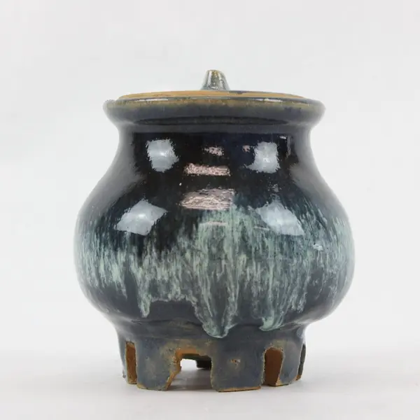 Blue Ceramic Stoneware Lidded Jar Canister Vented Base Unbranded