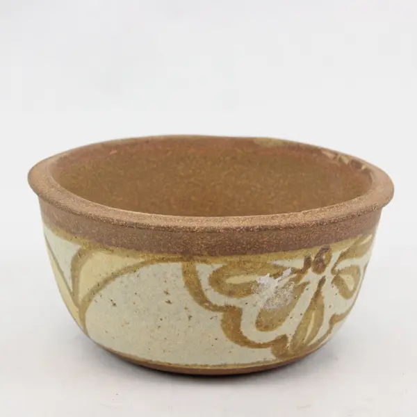 Unbranded Ceramic Stoneware Bowl Brown Tan Hand-Painted Floral 6 In