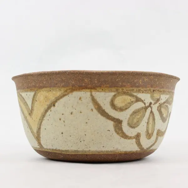 Unbranded Ceramic Stoneware Bowl Brown Tan Hand-Painted Floral 6 In