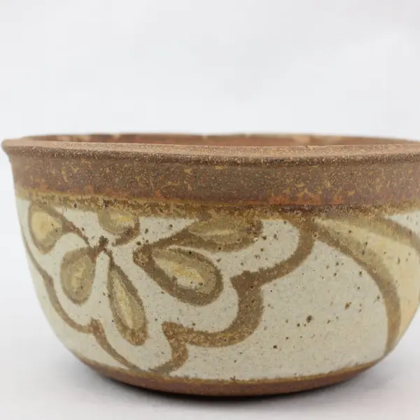Unbranded Ceramic Stoneware Bowl Brown Tan Hand-Painted Floral 6 In