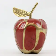 Vintage Brass Red Enamel Apple Paperweight Figurine Retro Desk Decor