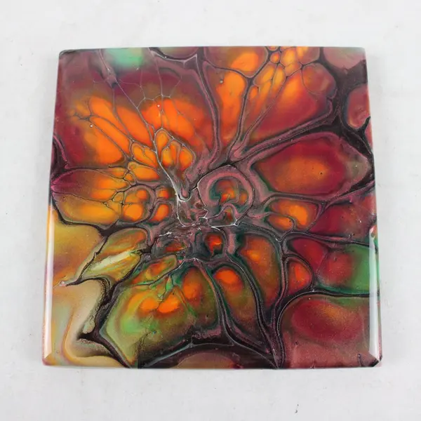 Abstract Fluid Art Square Ceramic Coaster Cork Backing Orange/Red/Green/Glitter