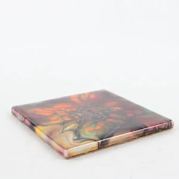 Abstract Fluid Art Square Ceramic Coaster Cork Backing Orange/Red/Green/Glitter