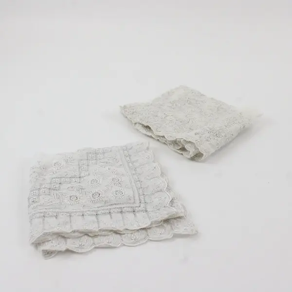Lot of 2 Vintage Floral Embroidered Light Gray Handkerchiefs