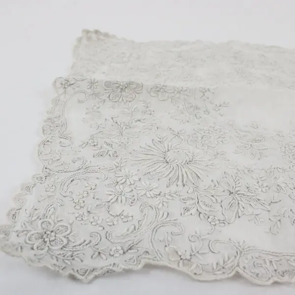 Lot of 2 Vintage Floral Embroidered Light Gray Handkerchiefs