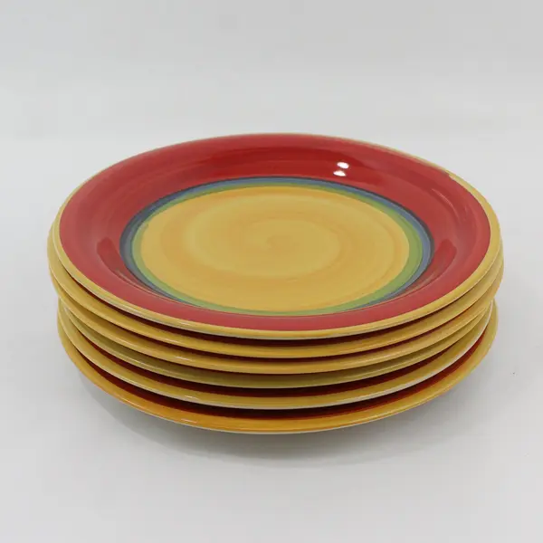 6 Royal Norfolk MAMBO Yellow Center Stoneware Dinner Plates 10.75"