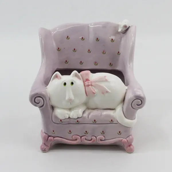 1987 Omnibus White Cat Reclining on Lavender Floral Chair Ceramic Planter